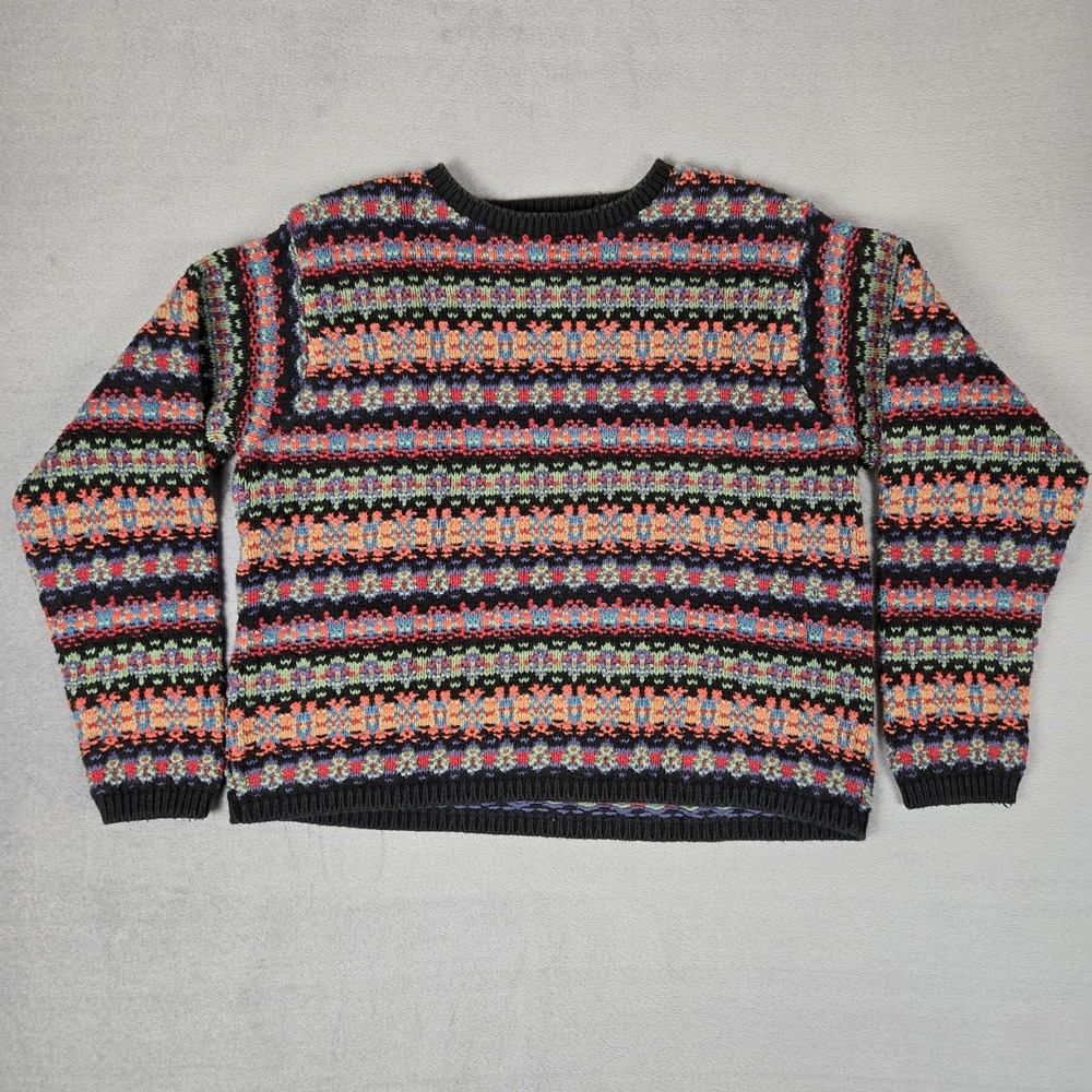 VTG LL Bean Sweater Womens L Geometric Stripe Colorful Cotton Pullover Crew USA
